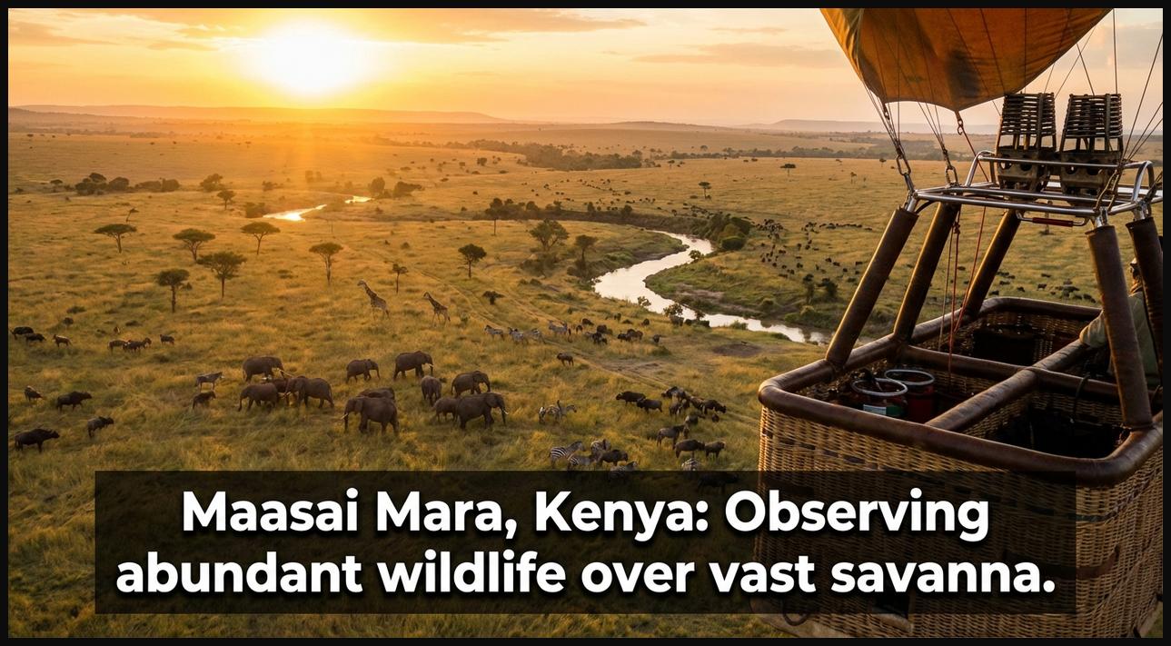 A hot air balloon floating high above the Maasai Mara savanna in Kenya, providing an extraordinary view of abundant wildlife and the vast landscape.