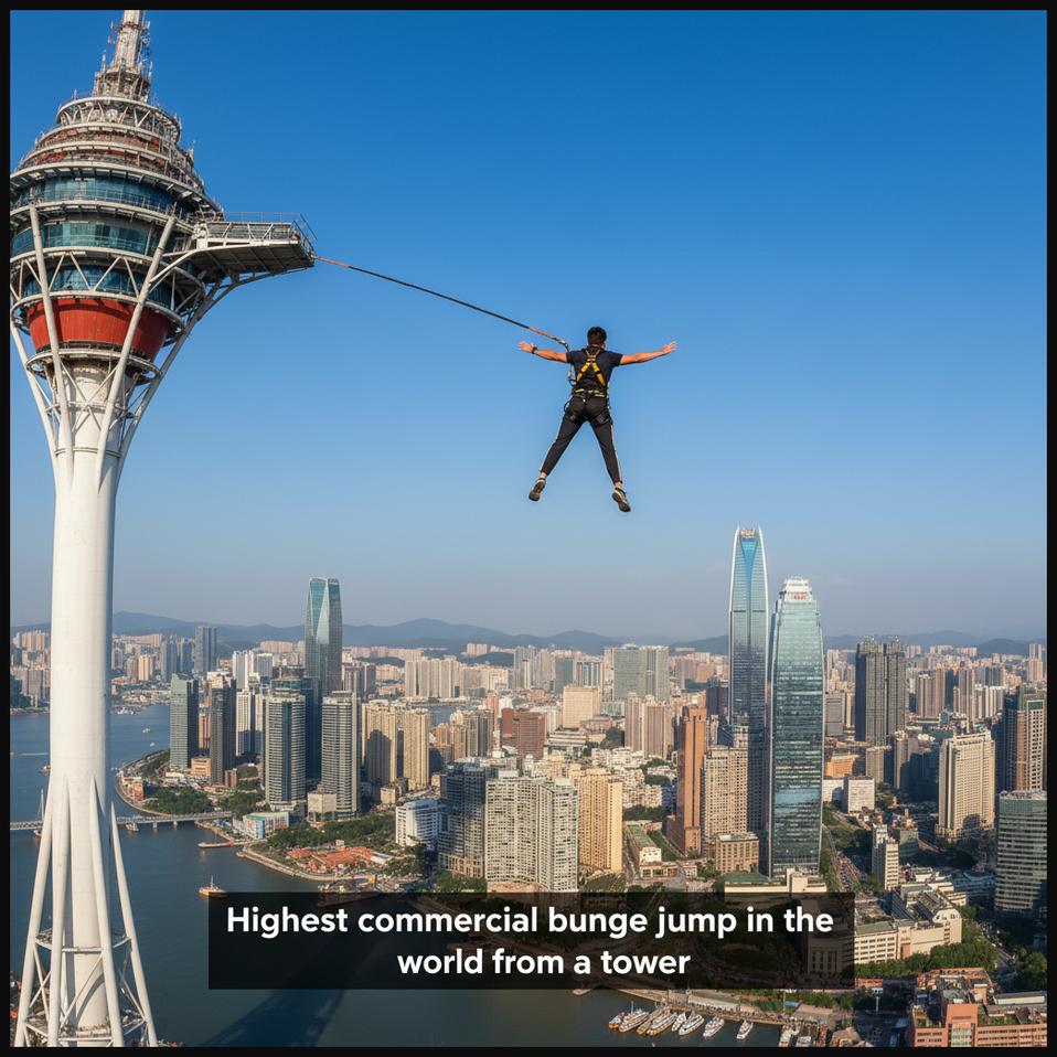 A bungee jumper descending from the Macau Tower, with the glittering urban skyline of Macau visible below.