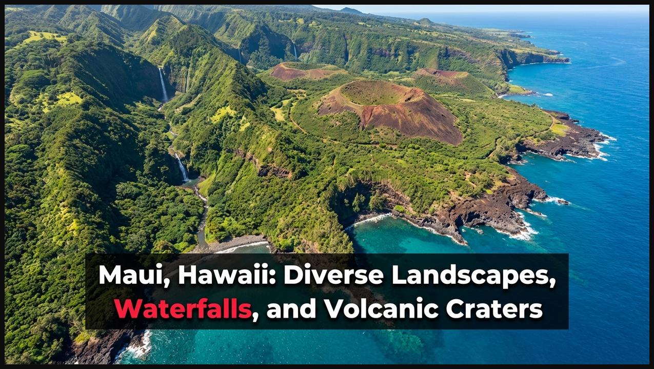 Aerial view of Maui, Hawaii, featuring lush valleys, cascading waterfalls, and volcanic formations.