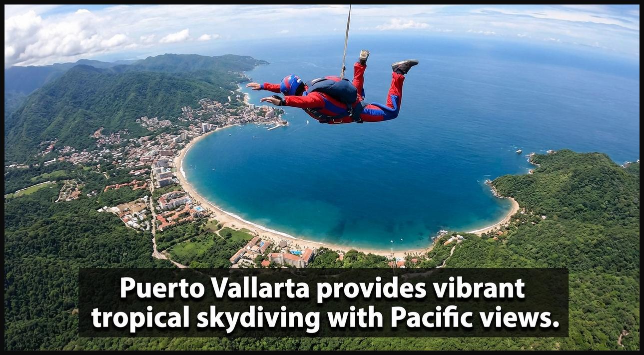 Skydiver flying above Puerto Vallarta, Mexico, showcasing tropical coastline, Bay of Banderas, and lush Sierra Madre mountains.