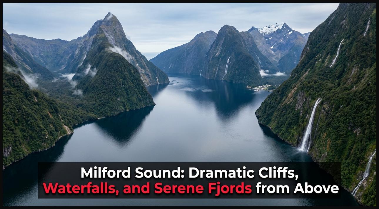 Aerial view of Milford Sound, New Zealand, featuring Mitre Peak, cascading waterfalls, and fjords.