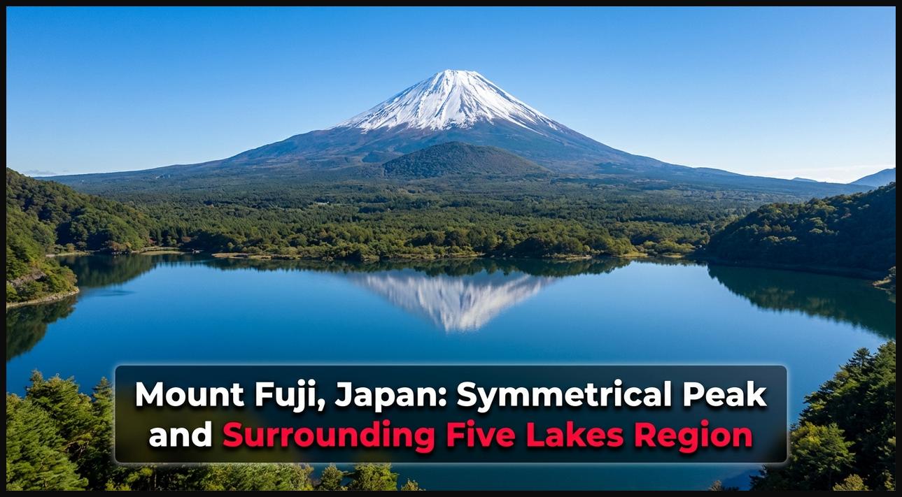 Aerial view of Mount Fuji's symmetrical, snow-capped peak and the surrounding Five Lakes region.