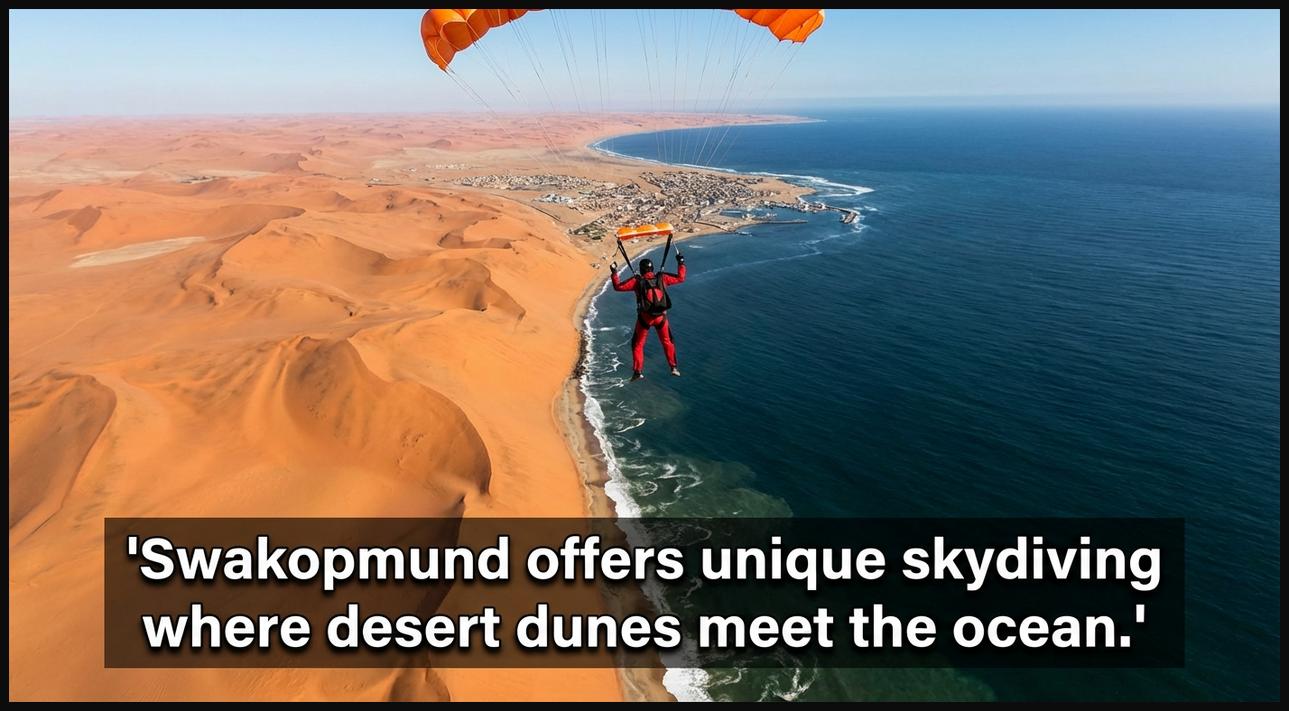 Skydiver descending over Swakopmund, Namibia, showcasing the dramatic confluence of vast desert dunes and the cold Atlantic Ocean.