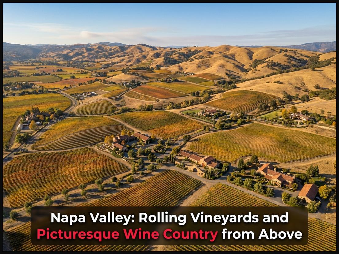 Aerial view of Napa Valley showing vast rolling vineyards, wineries, and golden hills during autumn.