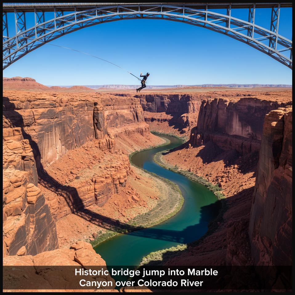 A bungee jumper freefalling from the historic Navajo Bridge into Marble Canyon over the Colorado River in Arizona, surrounded by red rock formations.