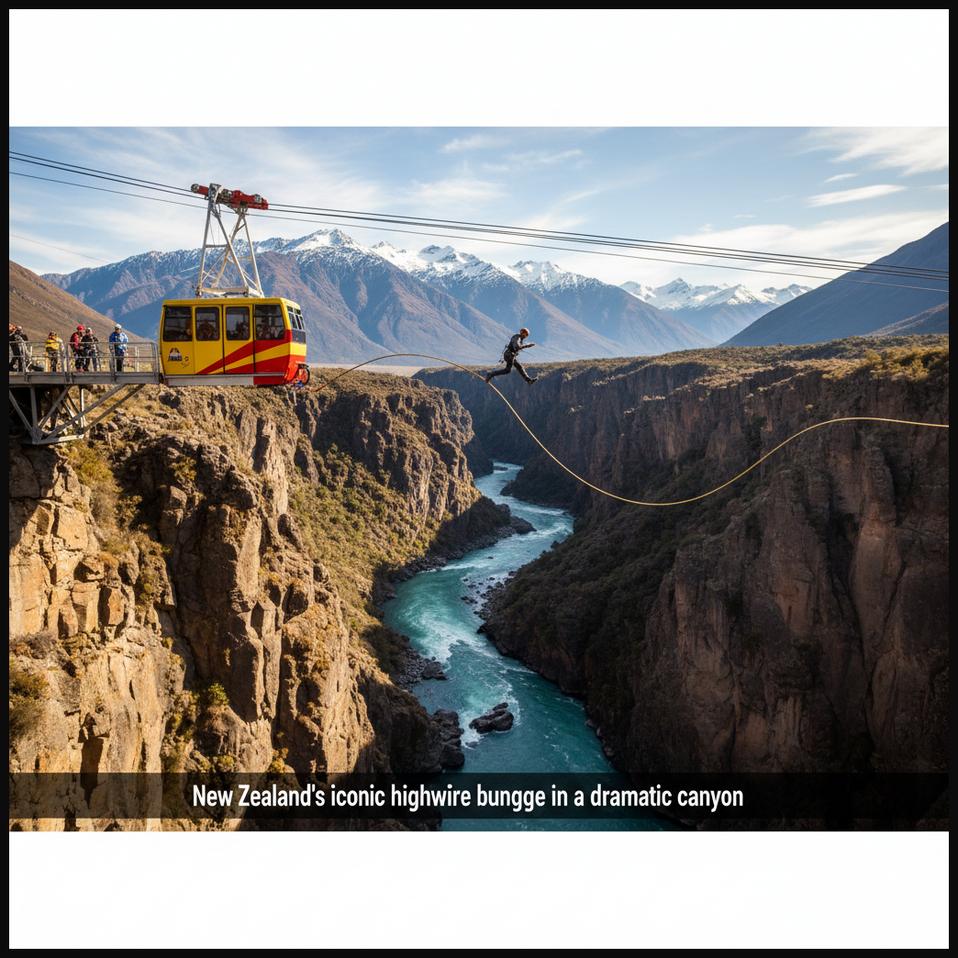 A bungee jumper launching from a suspended cable car platform high above the Nevis River canyon in Queenstown, New Zealand.
