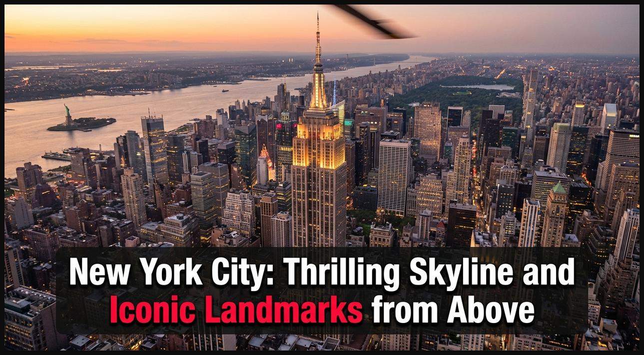 Helicopter view of New York City's iconic skyline at sunset, featuring the Statue of Liberty and Empire State Building.