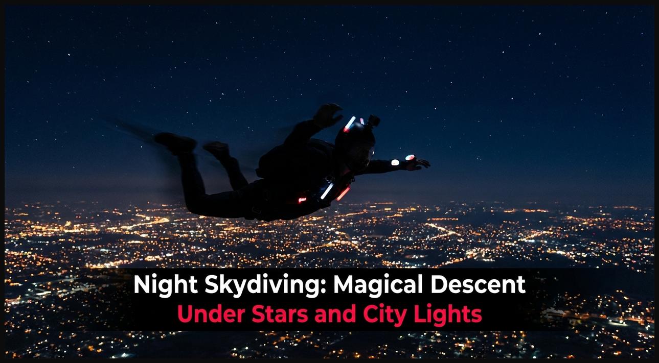 Skydiver freefalling at night, surrounded by twinkling city lights below and bright stars in the dark sky.