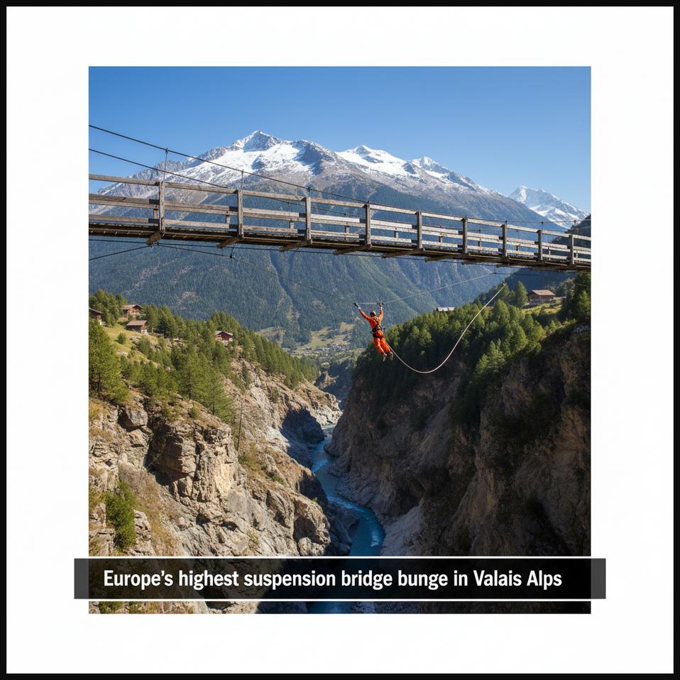 A bungee jumper in freefall from the high Niouc Bridge in Switzerland, suspended over the Navizence River canyon with Valais Alps in background.