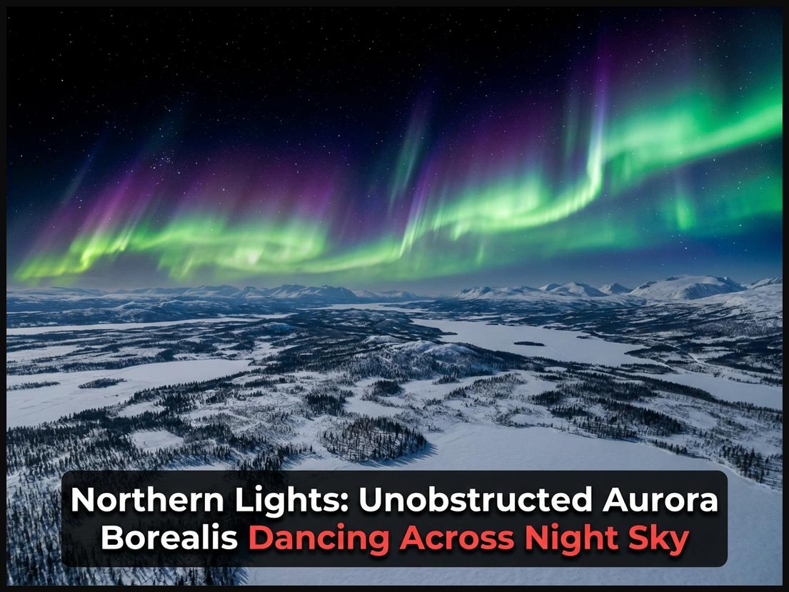 Aerial view of the vibrant green and purple Northern Lights dancing over a snow-covered arctic landscape.