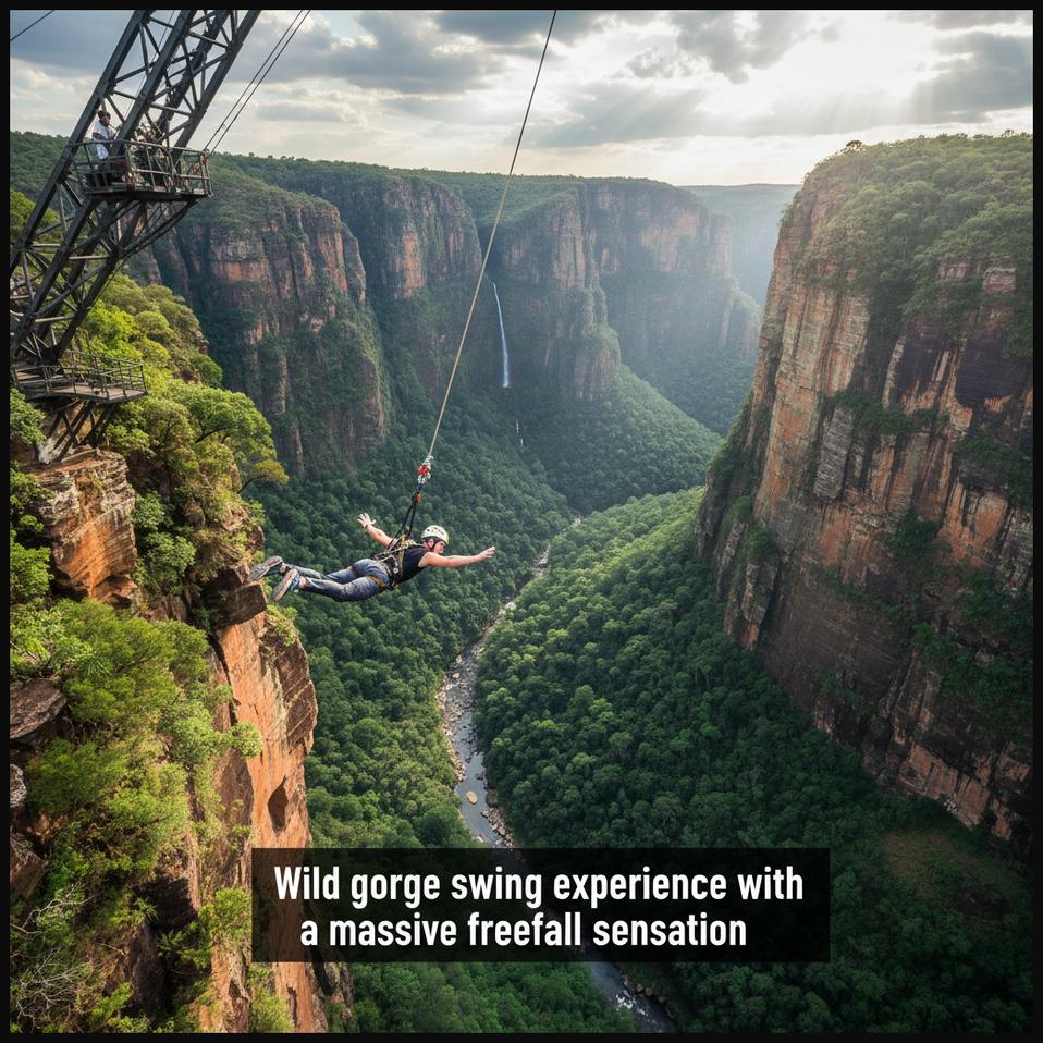 A bungee jumper on a wild gorge swing in South Africa's Oribi Gorge, experiencing a freefall over lush vegetation and towering cliffs.