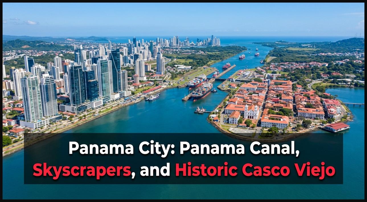 Aerial view of Panama City, showing the Panama Canal, modern skyscrapers, and historic Casco Viejo.
