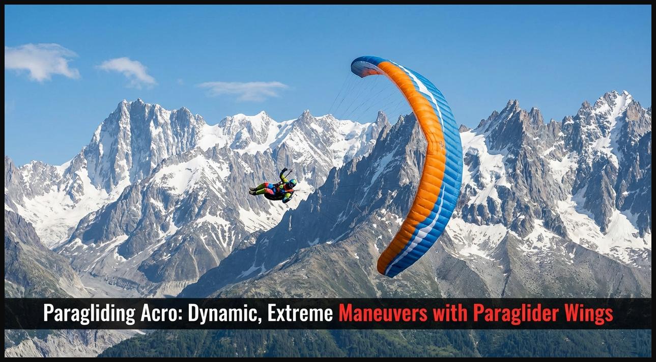 Paraglider pilot performing an aggressive acrobatic maneuver high in the sky, showcasing extreme control.