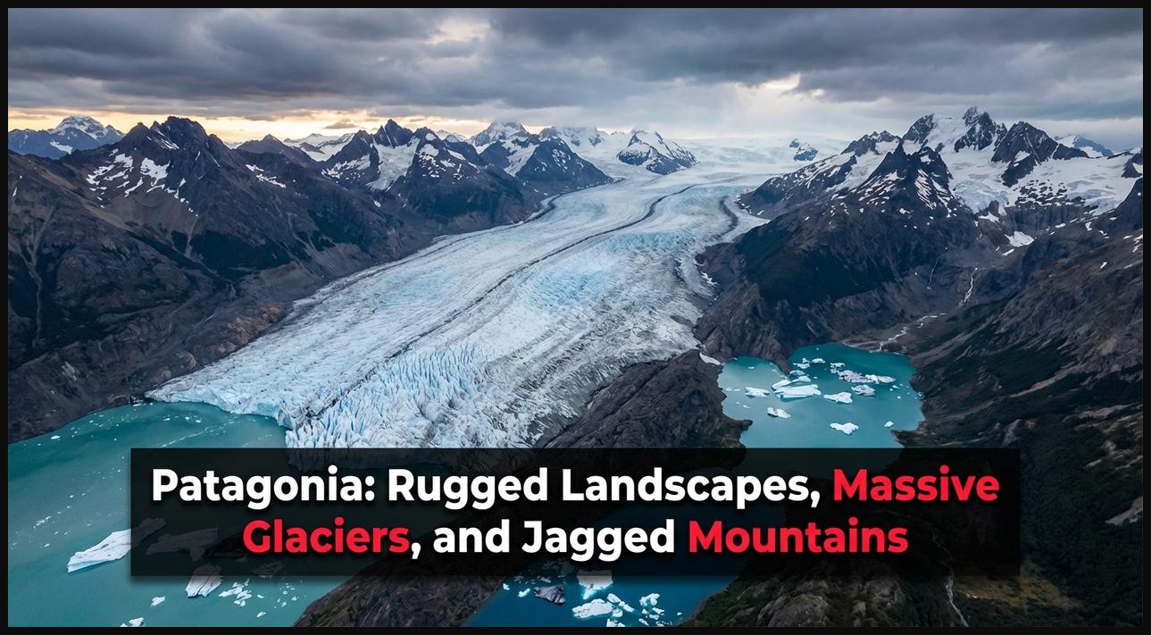 Aerial view of Patagonia, featuring a large glacier, jagged mountains, and pristine natural beauty.
