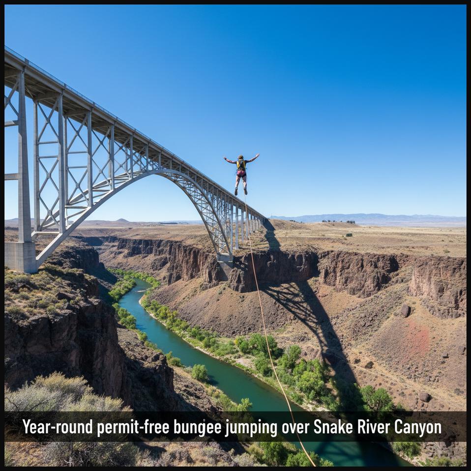 A bungee jumper in mid-descent from the Perrine Bridge in Twin Falls, Idaho, over the scenic Snake River Canyon.
