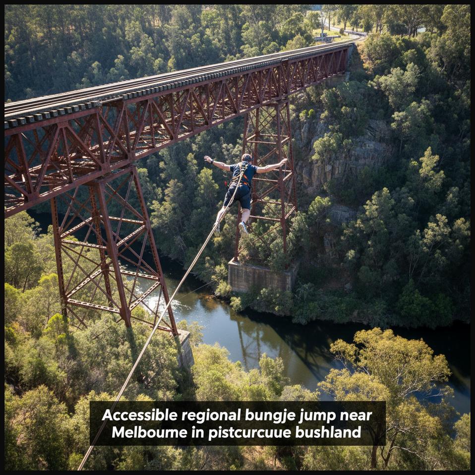 A bungee jumper leaping from the Pipeline Bridge near Melbourne, Australia, over a picturesque Australian bushland setting.