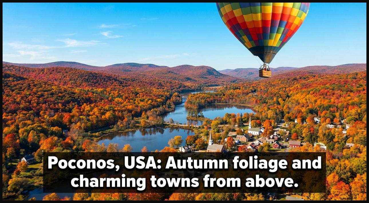 A hot air balloon providing an aerial view of the Poconos Mountains in Pennsylvania, USA, showcasing vibrant autumn foliage, lakes, and towns.