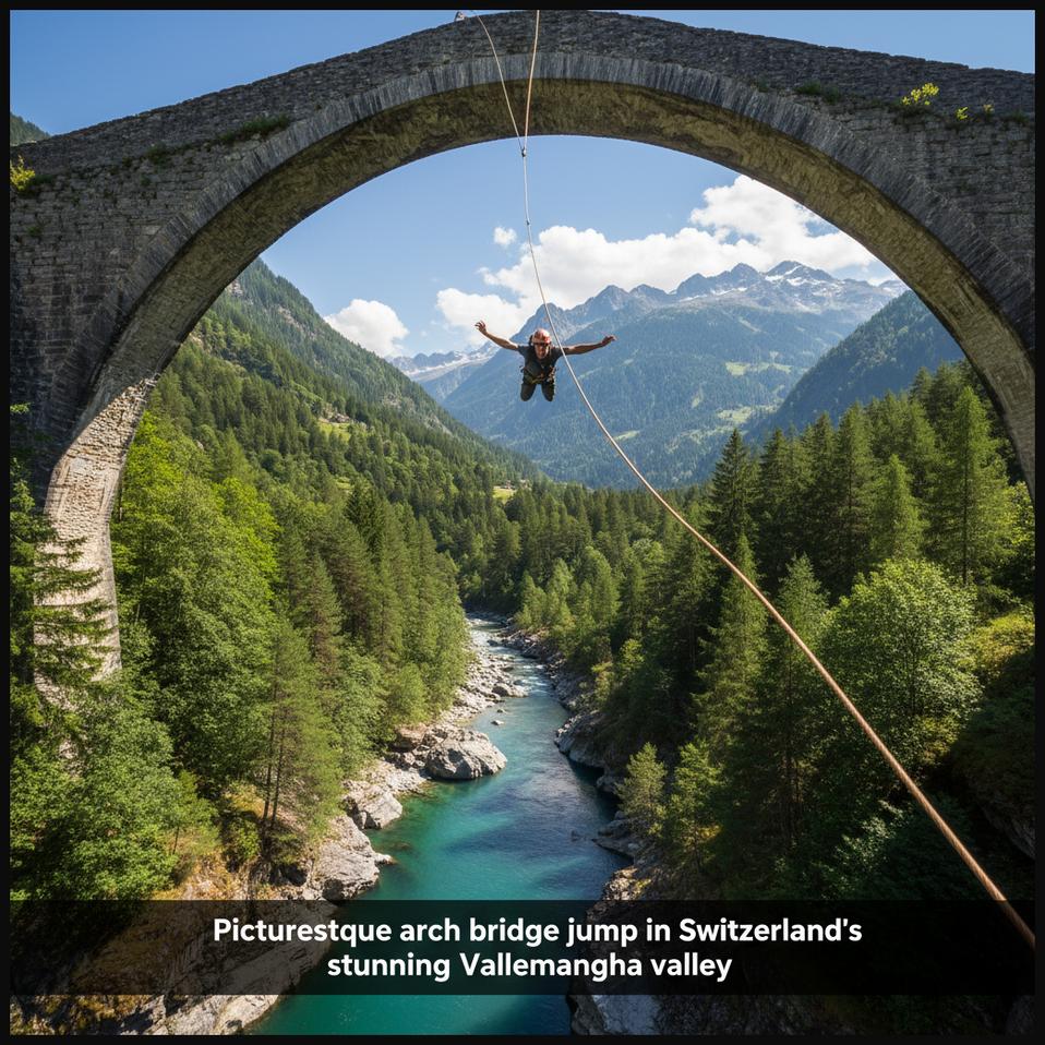 A bungee jumper mid-descent from the beautiful Ponte Salto arch bridge in Vallemaggia, Switzerland, surrounded by mountains and forests.