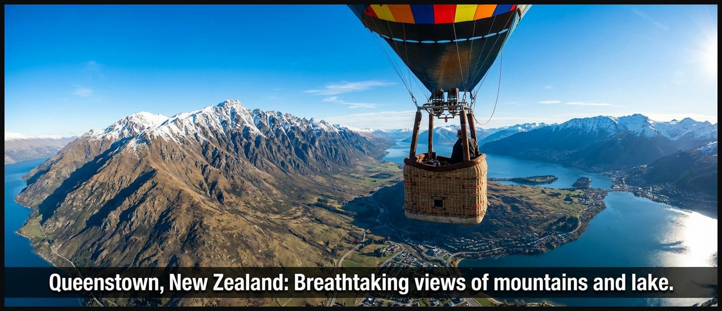 A hot air balloon soaring above Queenstown, New Zealand, with a panoramic view of the Remarkables mountains and Lake Wakatipu below.