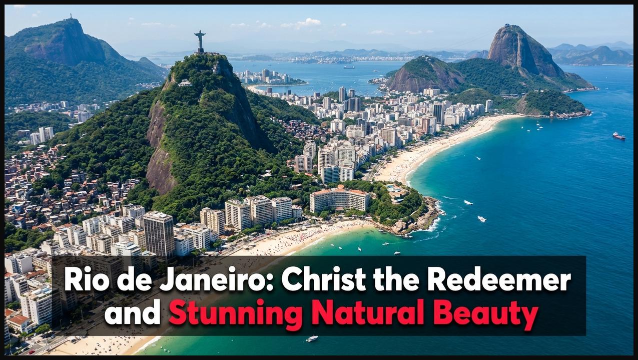 Aerial view of Rio de Janeiro, highlighting Christ the Redeemer, Sugarloaf Mountain, and famous Copacabana beach.