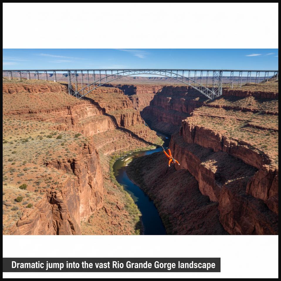 A bungee jumper freefalling from the Rio Grande Gorge Bridge in New Mexico, surrounded by vast desert landscapes and unique geological formations.