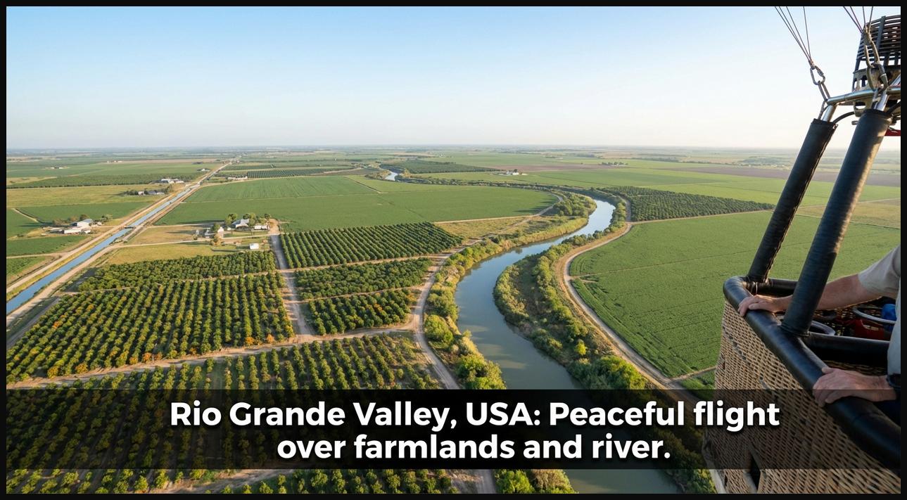 A hot air balloon gracefully flying over the agricultural landscapes, citrus groves, and the winding Rio Grande River in the Rio Grande Valley, Texas, USA.