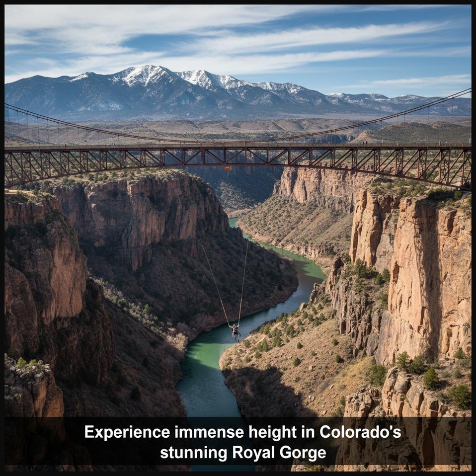 A bungee jumper mid-air near the Royal Gorge Bridge in Colorado, showcasing the immense height and the Arkansas River Canyon.