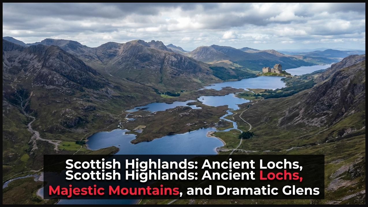 Aerial view of the Scottish Highlands with ancient lochs, majestic mountains, and dramatic glens.