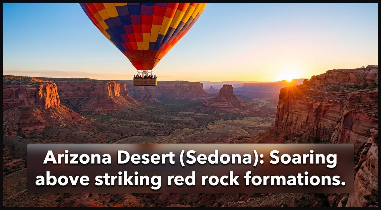 A hot air balloon providing a spectacular aerial view of the vibrant red rock formations and canyons of Sedona in the Arizona Desert, USA, at sunrise.