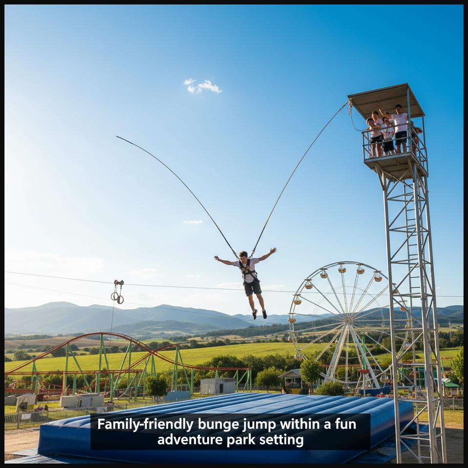 A bungee jumper mid-descent at Senda Viva adventure park in Navarra, Spain, with other park attractions visible in the background.