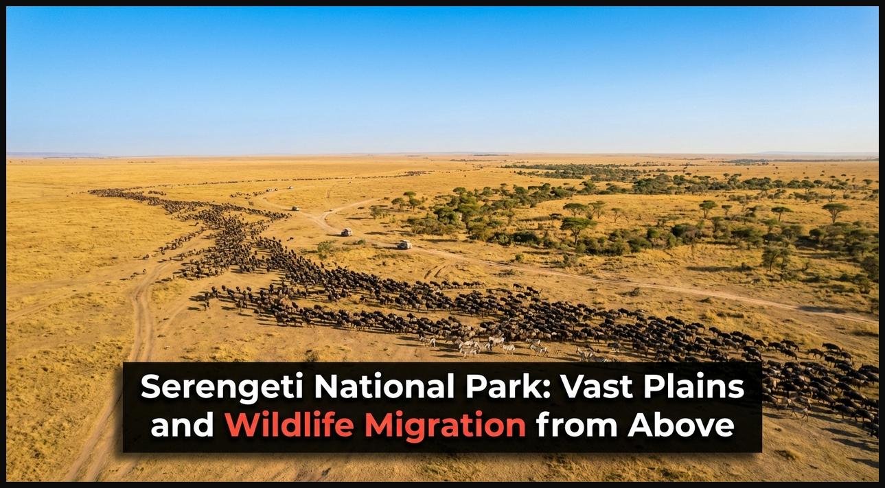Aerial safari view of Serengeti National Park, showing vast plains and a wildlife migration.