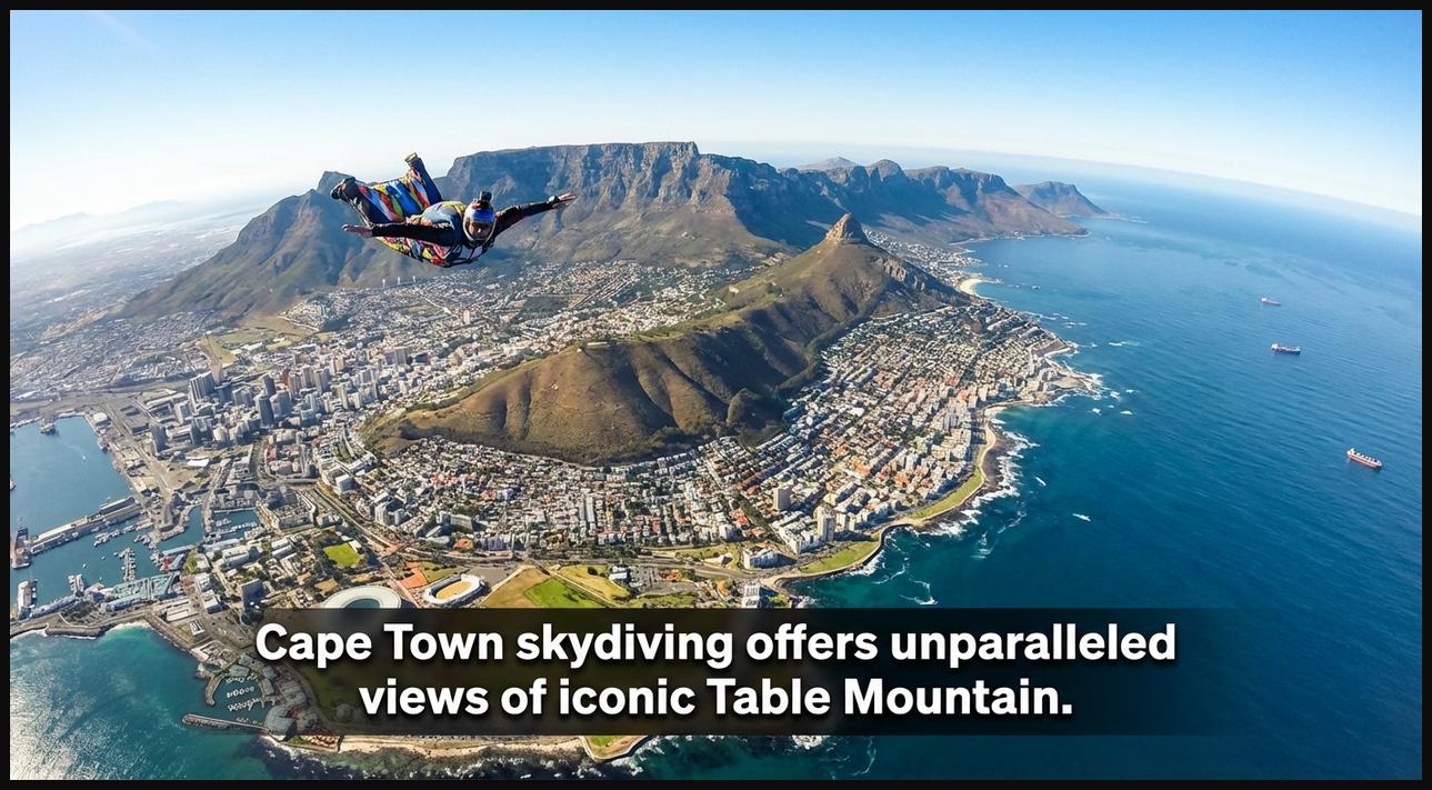 Skydiver descending over Cape Town, South Africa, with Table Mountain, the city, and the Atlantic Ocean in the backdrop.