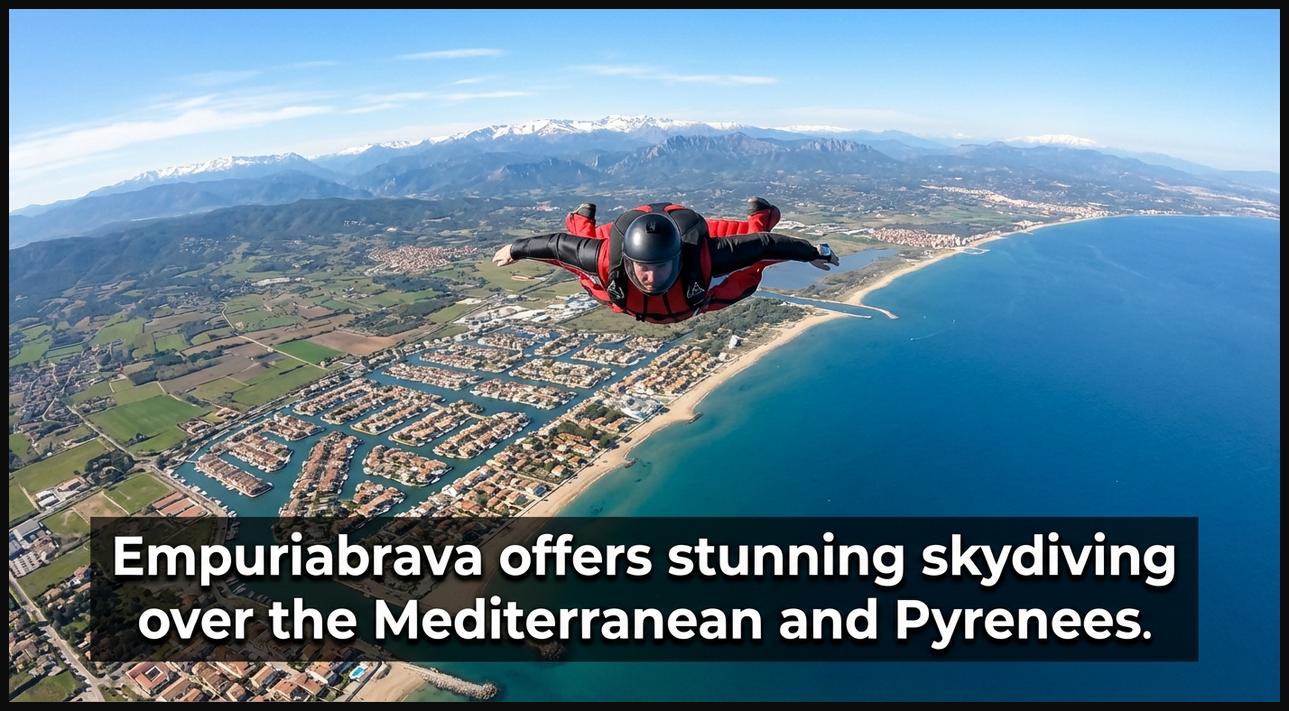 Skydiver with panoramic views of Empuriabrava, Spain, showing the intricate canals, Mediterranean Sea, and distant Pyrenees mountains.