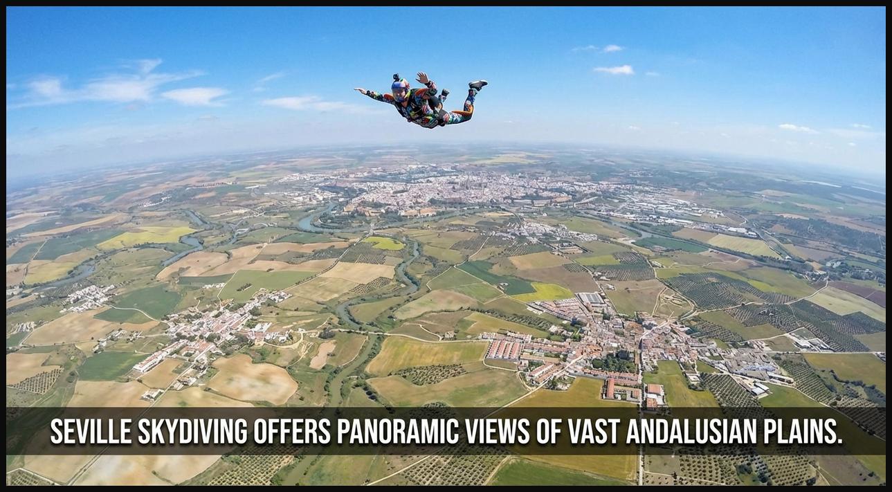 Skydiver with a bird's-eye view of Seville's Andalusian plains, Spain, showing rolling agricultural lands and historic towns.