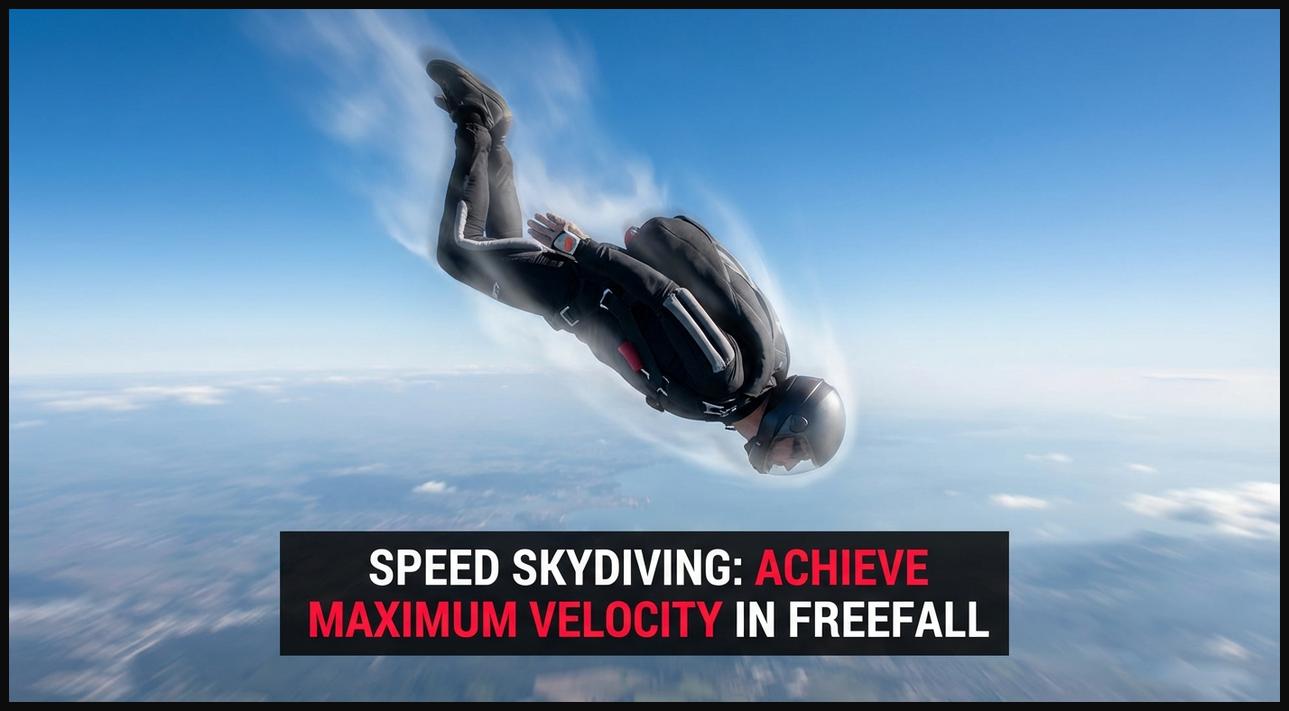 Skydiver in a streamlined position, freefalling at extreme speeds, pushing aerodynamic limits.