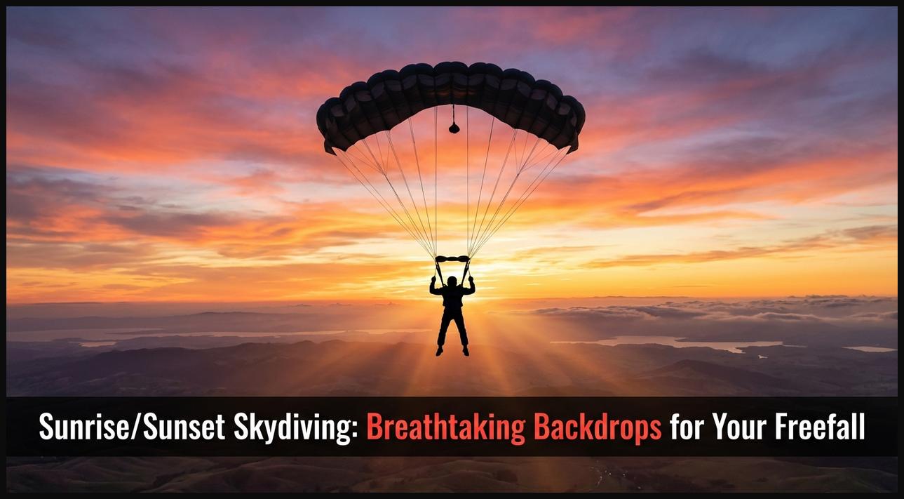 Skydiver under parachute bathed in the warm, vibrant colors of a sunrise or sunset sky, creating a breathtaking backdrop.