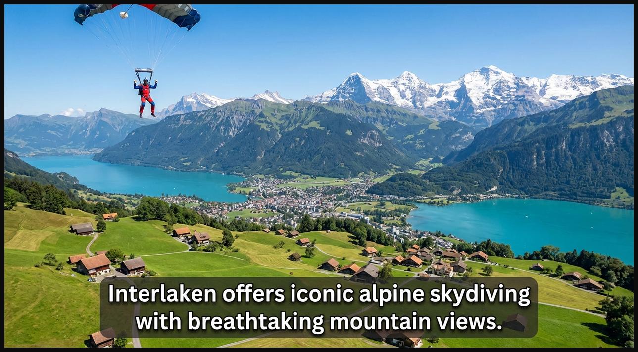 Skydiver flying above Interlaken, Switzerland, with views of the Eiger, Mönch, Jungfrau peaks, and turquoise lakes.