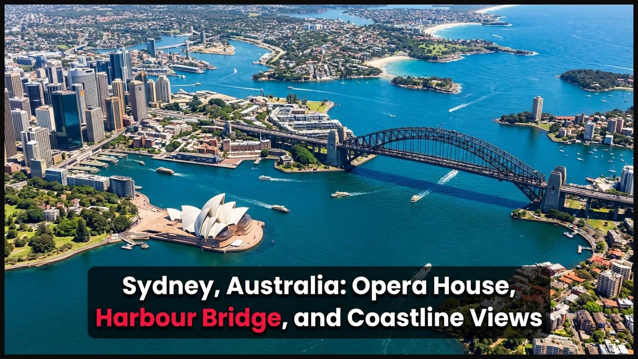Aerial view of Sydney featuring the Opera House, Harbour Bridge, and stunning coastline.