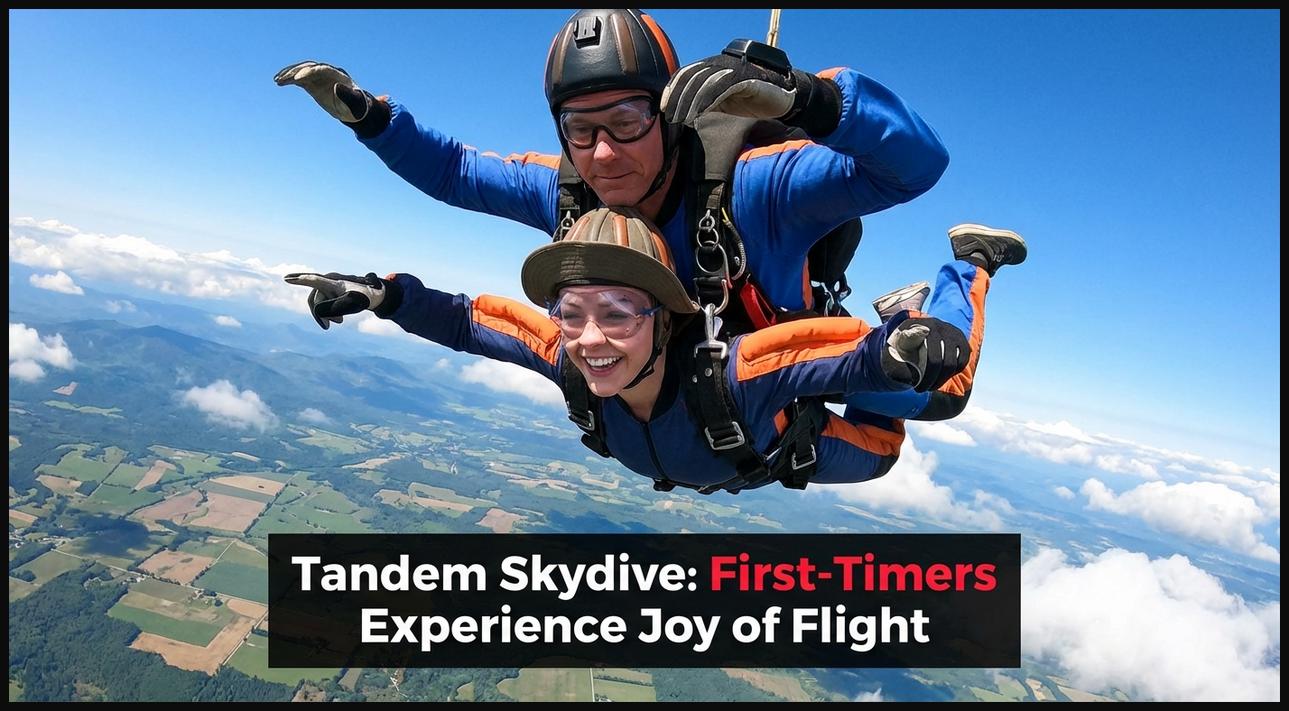 Experienced instructor and first-timer in a tandem skydive, freefalling with a wide smile and enjoying the view.