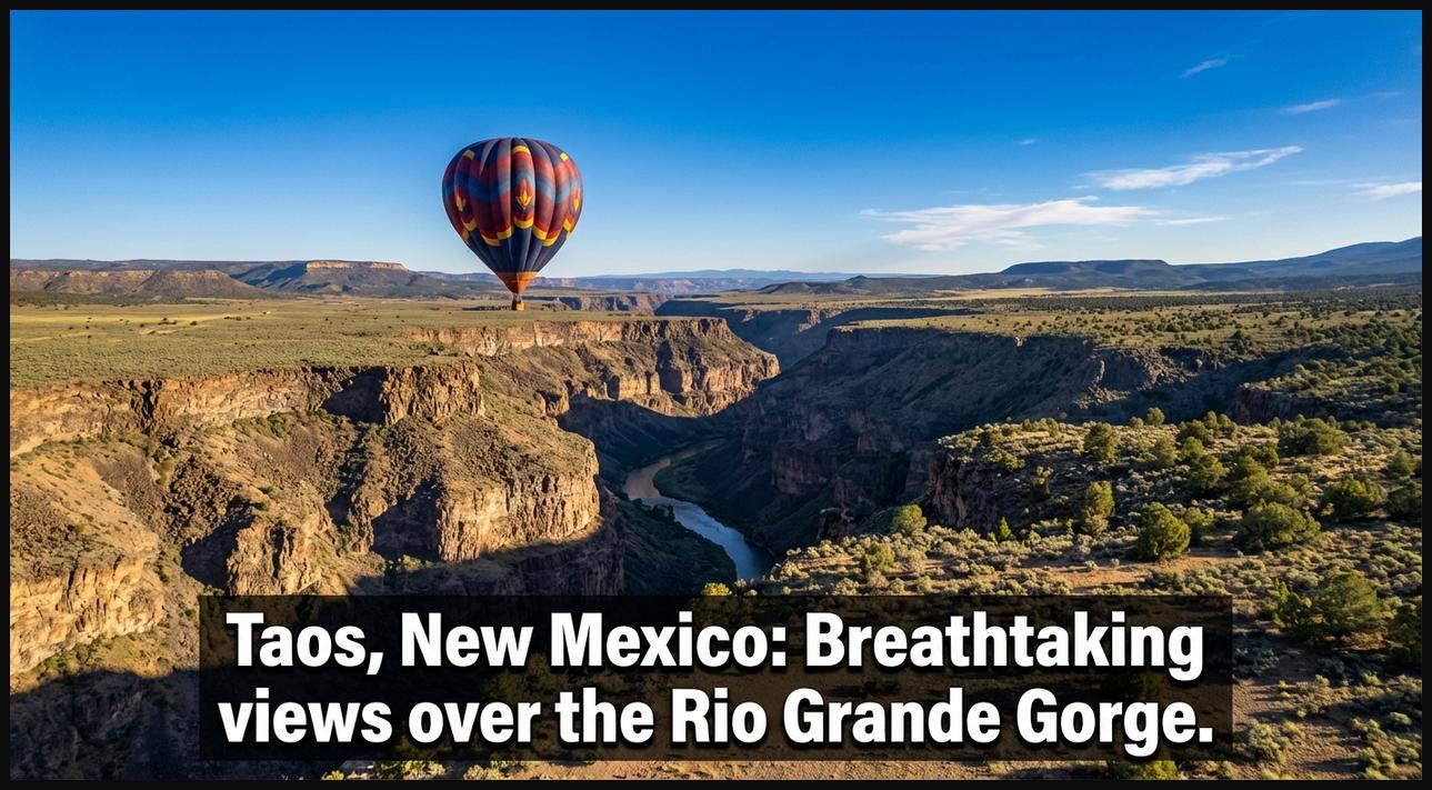 A hot air balloon soaring above the deep and dramatic Rio Grande Gorge near Taos, New Mexico, USA, offering breathtaking views of the canyon.