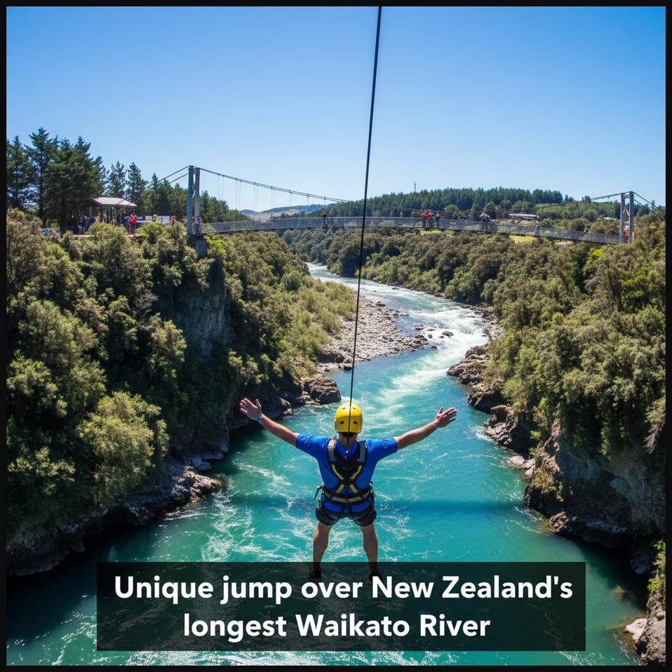 A bungee jumper mid-descent over the Waikato River at Taupo Bungy, New Zealand, with native bush along the riverbanks.