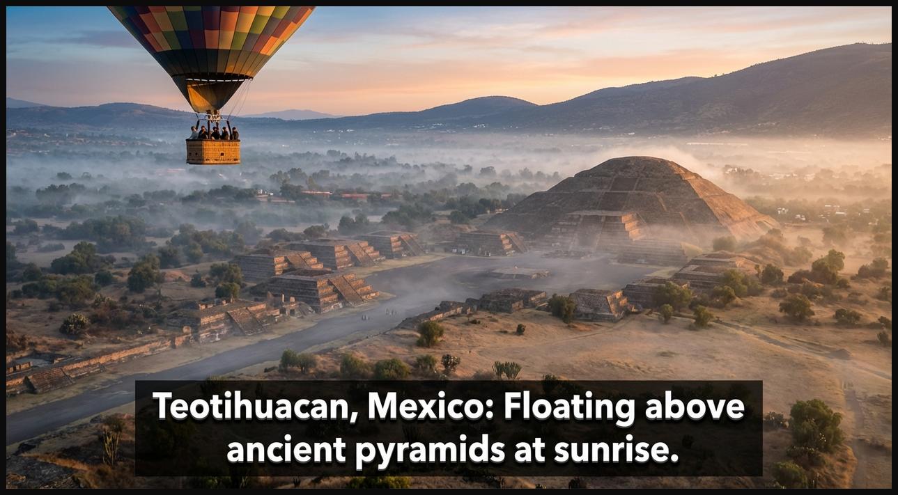 A hot air balloon providing a unique aerial perspective over the ancient pyramids of Teotihuacan, Mexico, including the Pyramid of the Sun and Moon, at sunrise.