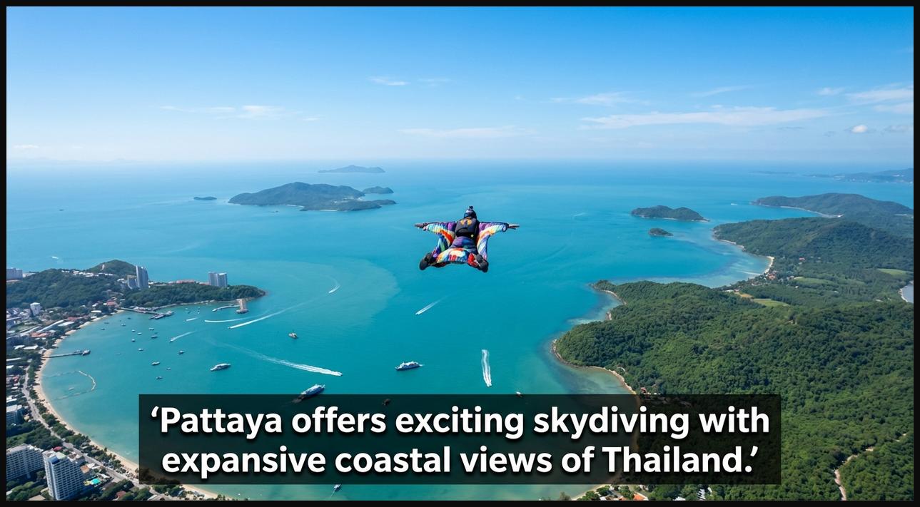 Skydiver descending over Pattaya, Thailand, with views of the Gulf of Thailand, tropical islands, and vibrant green forests.