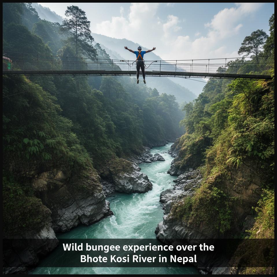 A bungee jumper leaping from a suspension bridge over the Bhote Kosi River at The Last Resort in Nepal, surrounded by lush Himalayan jungle.