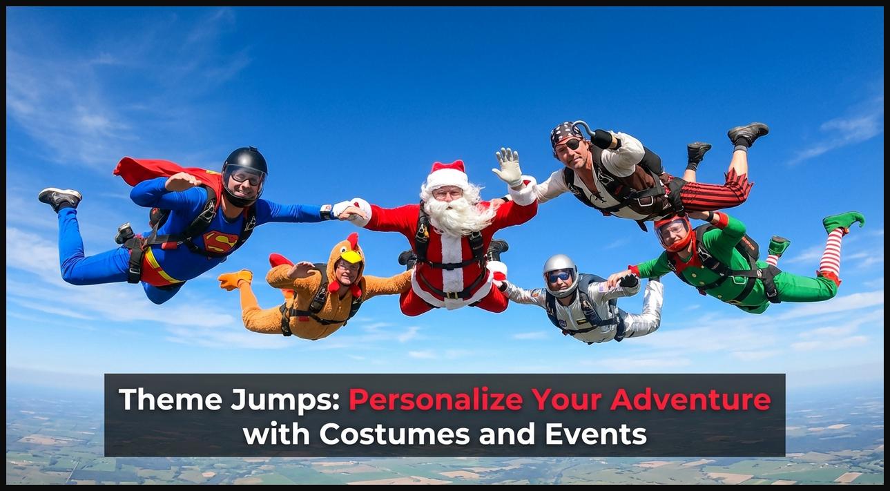 Skydivers in amusing costumes freefalling together, creating a fun and festive themed jump for an event.