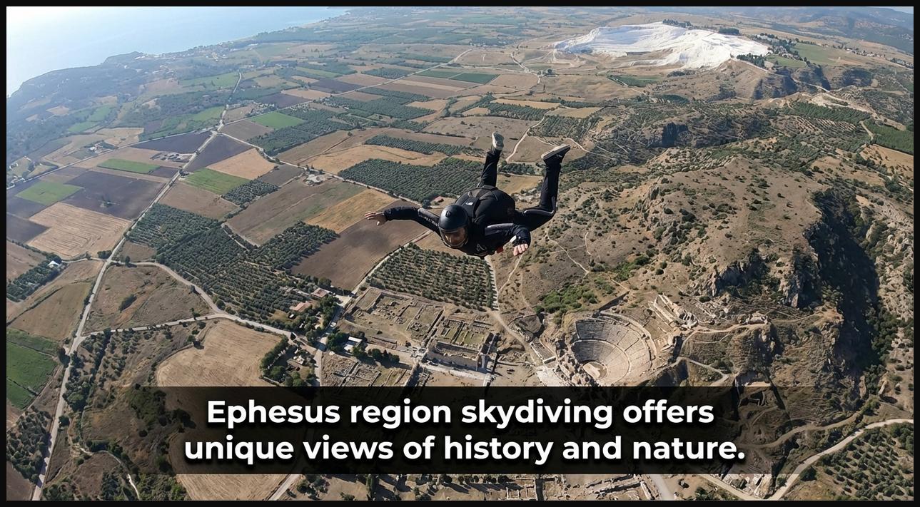 Skydiver descending over the Turkish countryside near Ephesus/Pamukkale, showing historical landscapes and distant white travertine terraces.