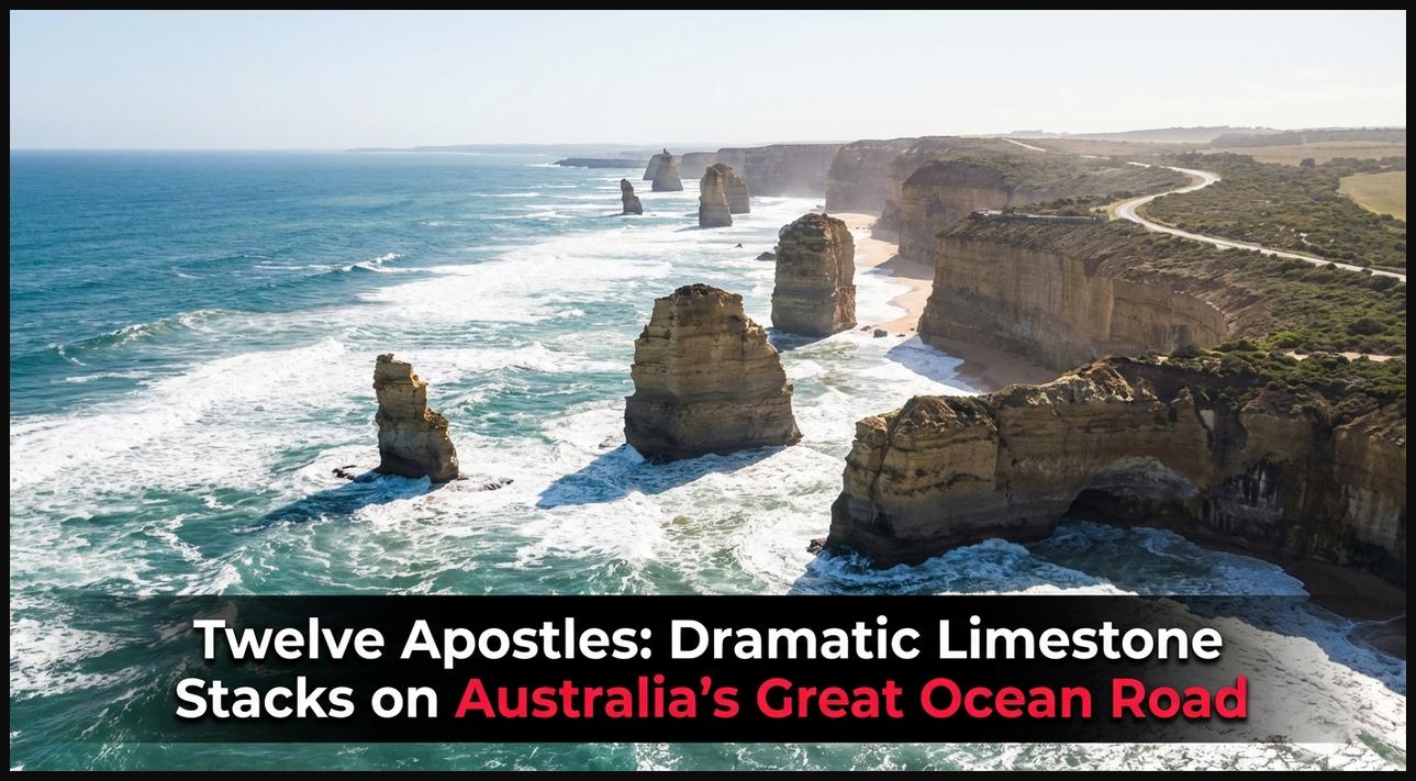 Aerial view of the Twelve Apostles limestone stacks along Australia's Great Ocean Road.