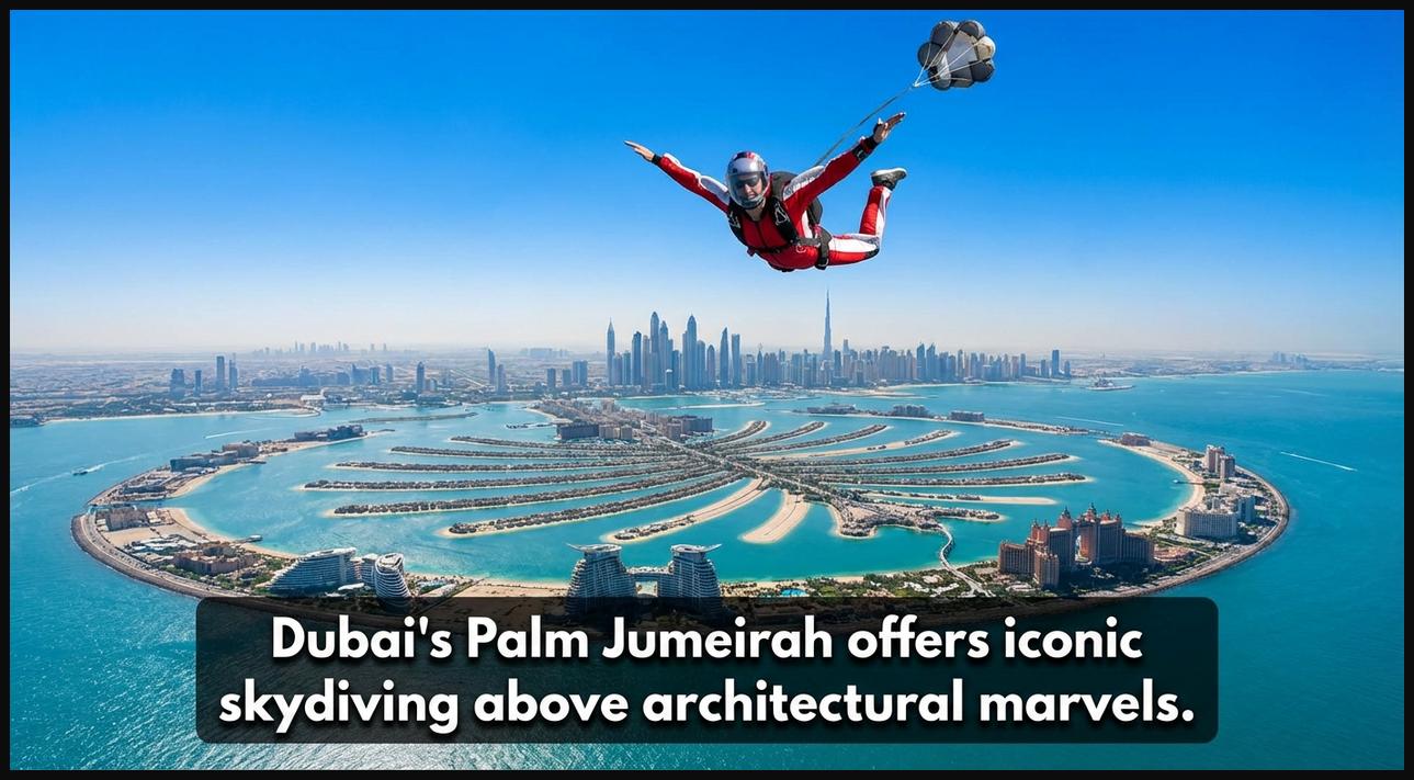 Skydiver soaring above Dubai's Palm Jumeirah and the city skyline, with the glistening Persian Gulf visible.