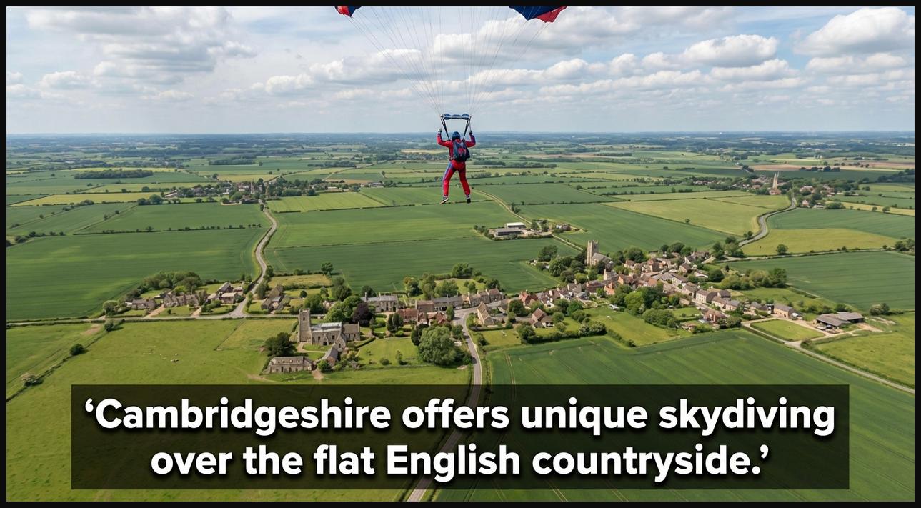Skydiver descending over Cambridgeshire, UK, with views of flat green farmlands, quaint villages, and open sky.