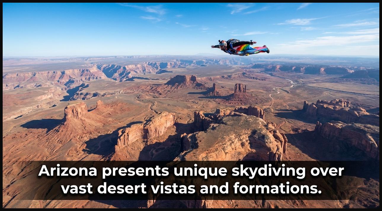 Skydiver soaring over Arizona's desert landscape, revealing vast desert vistas, striking rock formations, and distant canyons.